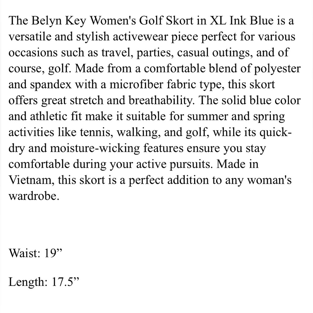 Belyn Key Womens Golf Skort XL Ink Blue Polyester Spandex - Picture 6 of 6